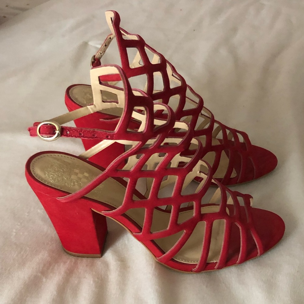 Vince Camuto red caged block heels